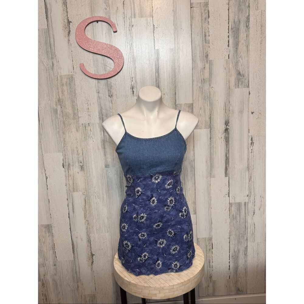 RB Basic Denim & Floral Sunflower Print Mini Dress Women’s Small